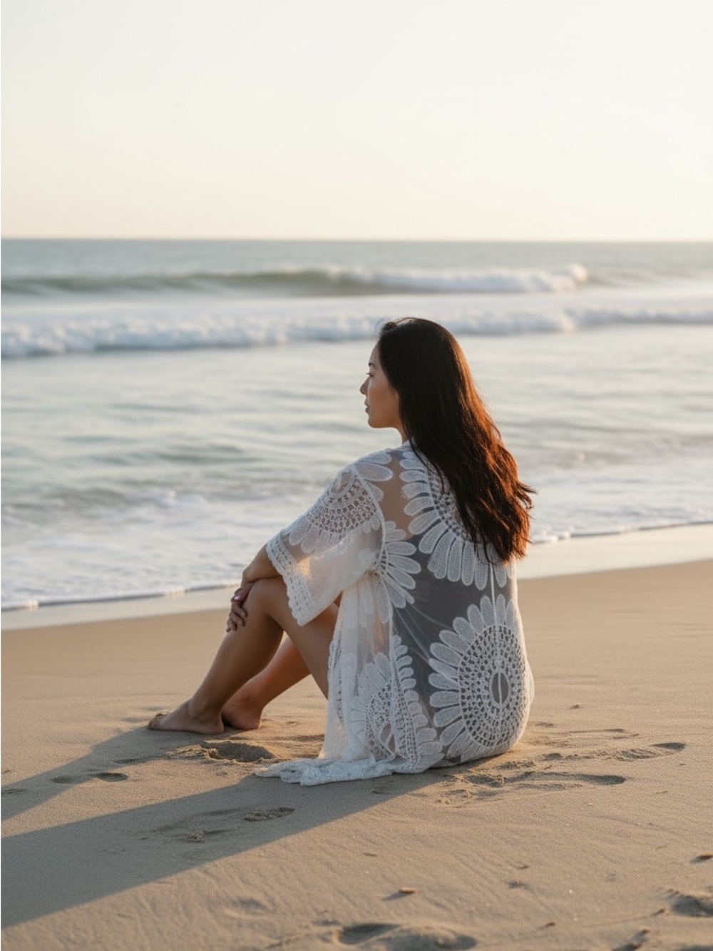 Boho White Embroidered Lace Floral Kimono Swim Cover-Up